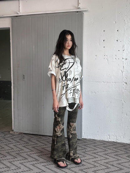 FULLTIDE Camo Distressed Washed Low Rise Bootcut Women&