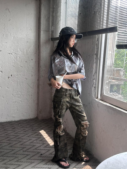 FULLTIDE Camo Distressed Washed Low Rise Bootcut Women&