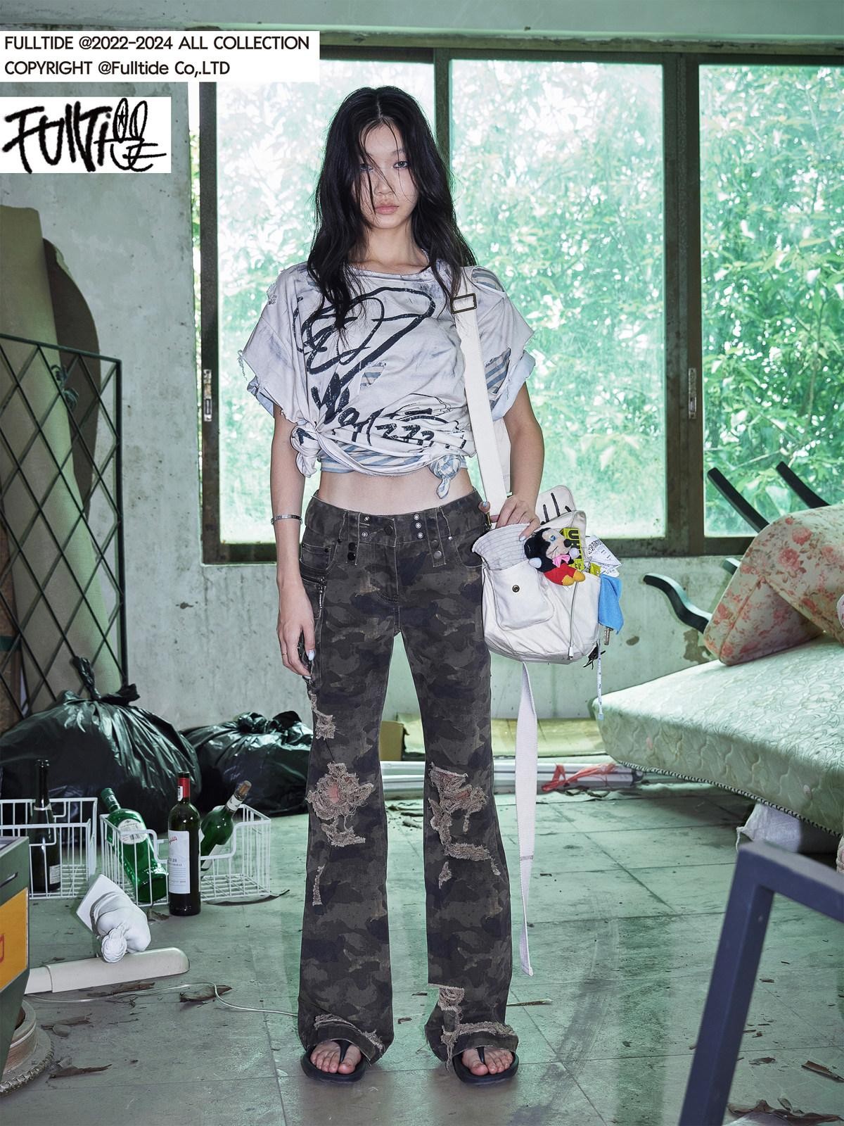 FULLTIDE Camo Distressed Washed Low Rise Bootcut Women&
