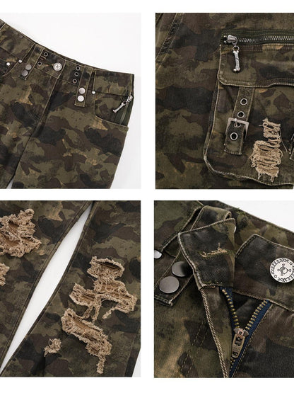 FULLTIDE Camo Distressed Washed Low Rise Bootcut Women&