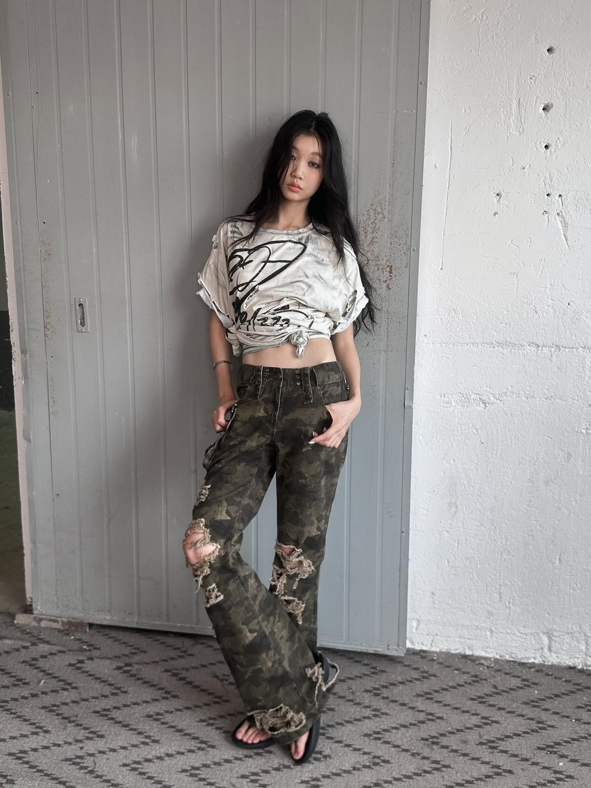 FULLTIDE Camo Distressed Washed Low Rise Bootcut Women&