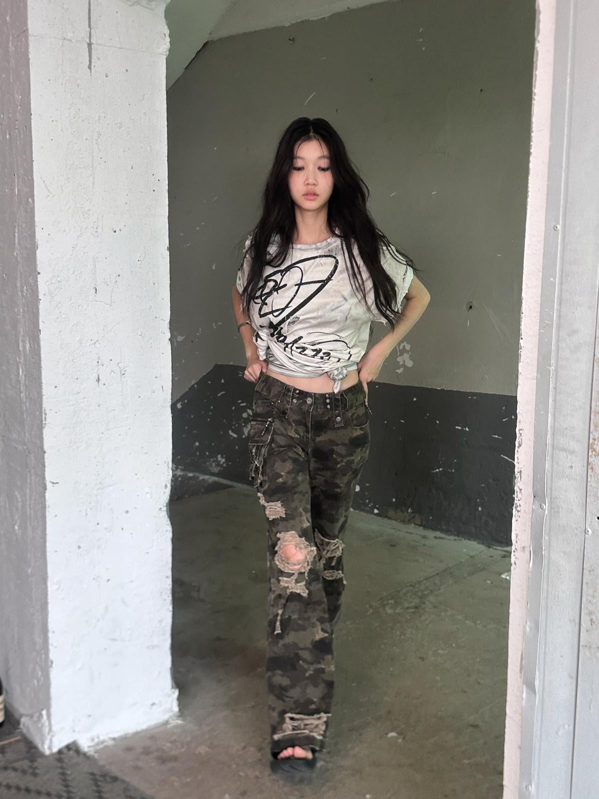 FULLTIDE Camo Distressed Washed Low Rise Bootcut Women&