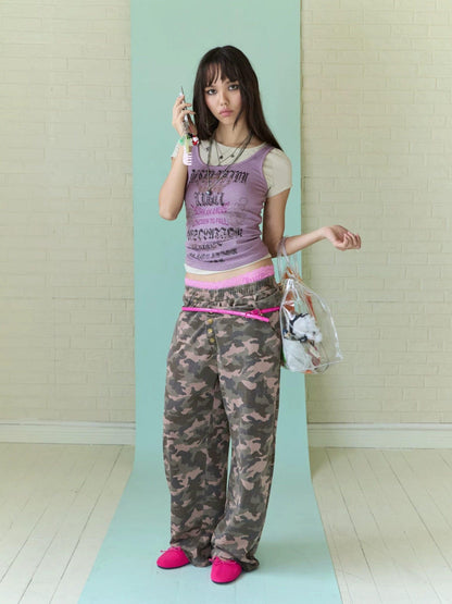 FULLTIDE Camo Washed Asymmetric Low Rise Double Waist Women&