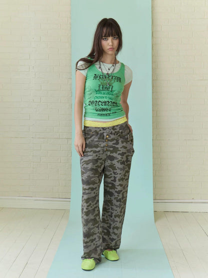 FULLTIDE Camo Washed Asymmetric Low Rise Double Waist Women&