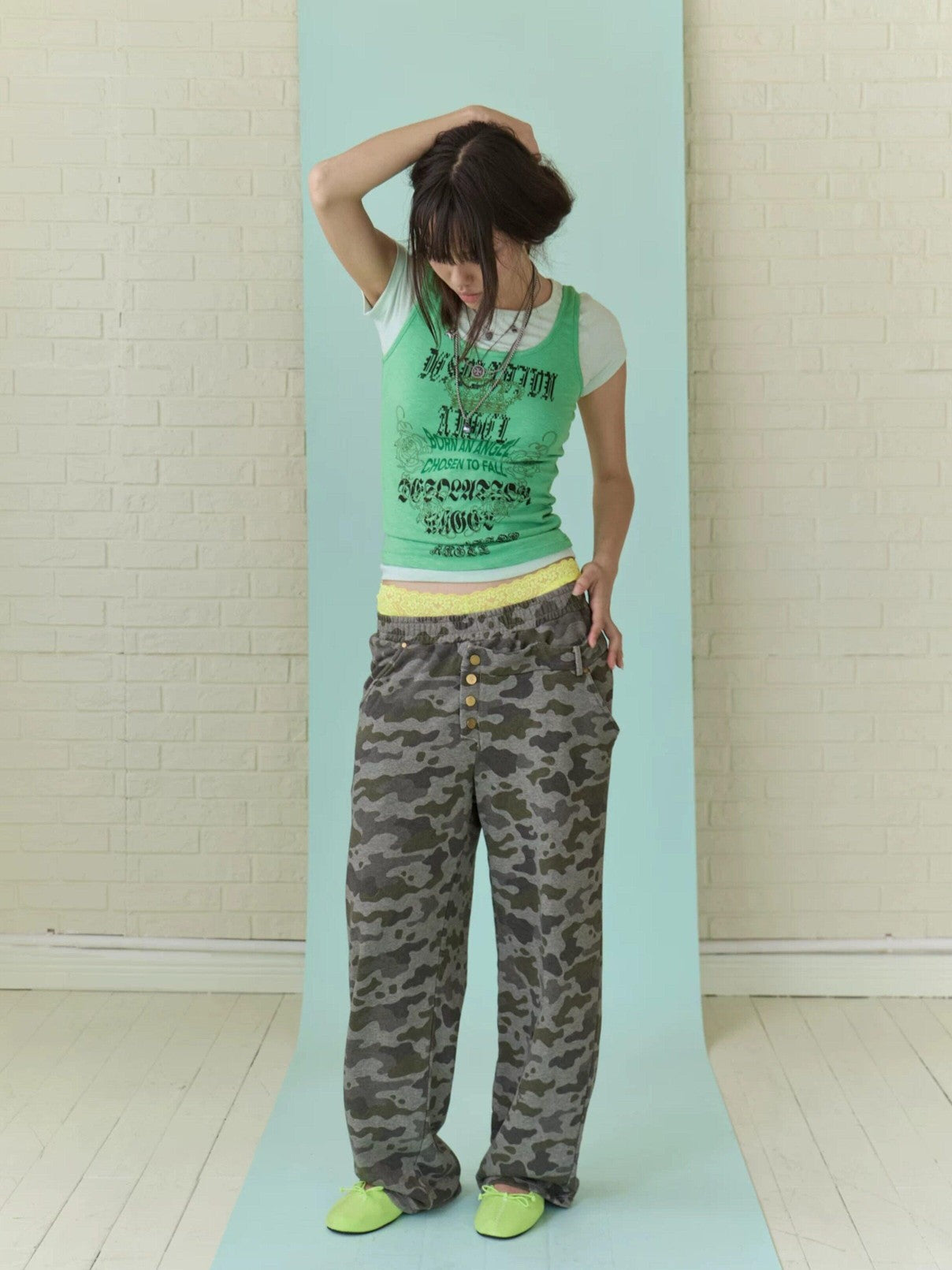 FULLTIDE Camo Washed Asymmetric Low Rise Double Waist Women&