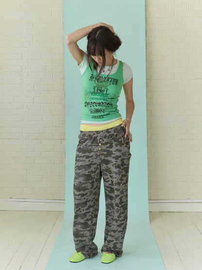 FULLTIDE Camo Washed Asymmetric Low Rise Double Waist Women&