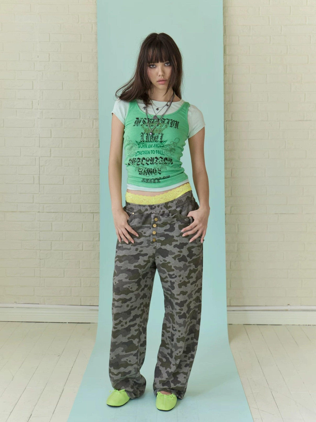 FULLTIDE Camo Washed Asymmetric Low Rise Double Waist Women&