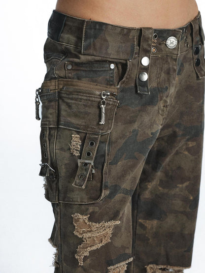 FULLTIDE Camouflage Distressed Patchwork Multi Pocket Low Waist Women&