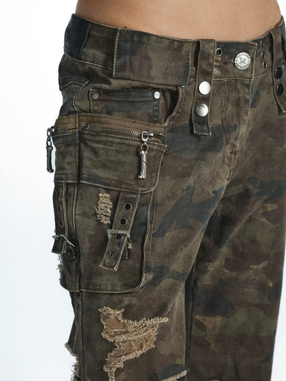 FULLTIDE Camouflage Distressed Patchwork Multi Pocket Low Waist Women&