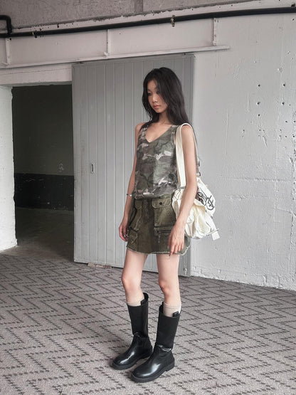 FULLTIDE Camouflage Print Embroidered V-neck Women&