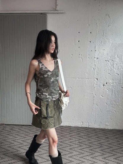 FULLTIDE Camouflage Print Embroidered V-neck Women&