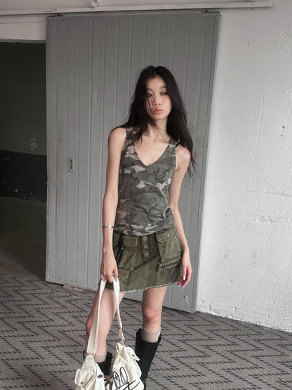 FULLTIDE Camouflage Print Embroidered V-neck Women&