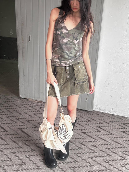 FULLTIDE Camouflage Print Embroidered V-neck Women&
