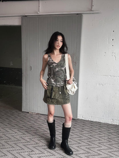 FULLTIDE Camouflage Print Embroidered V-neck Women&