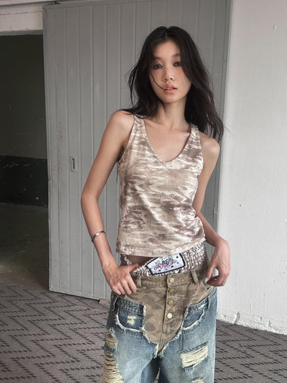 FULLTIDE Camouflage Print Embroidered V-neck Women&