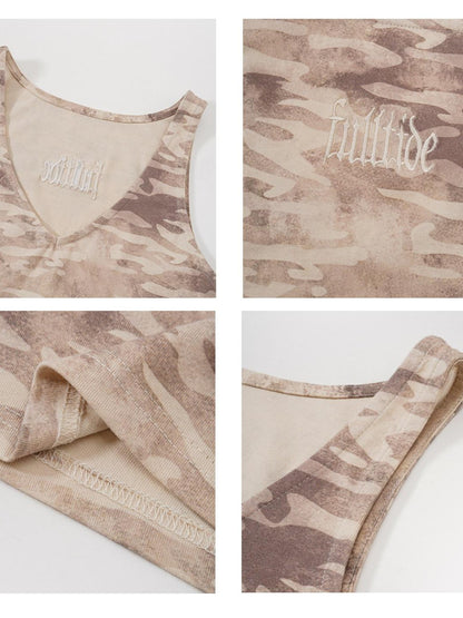 FULLTIDE Camouflage Print Embroidered V-neck Women&