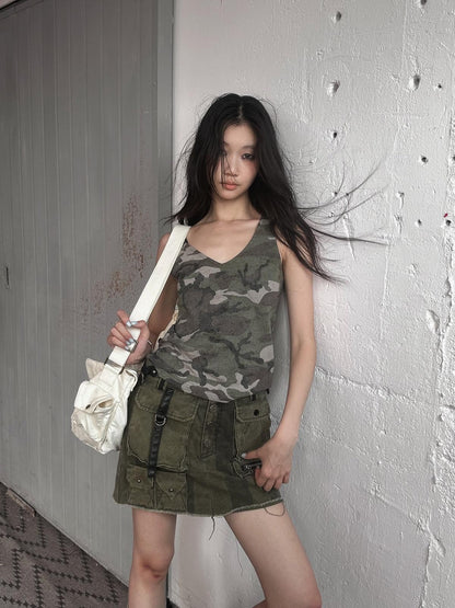 FULLTIDE Camouflage Print Embroidered V-neck Women&