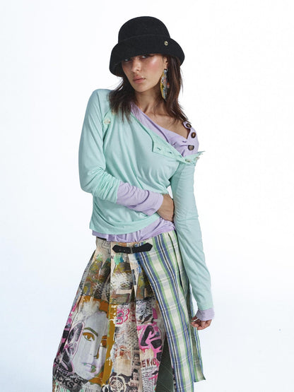 FULLTIDE Candy Color Contrast Button Layered Lyocell Women&