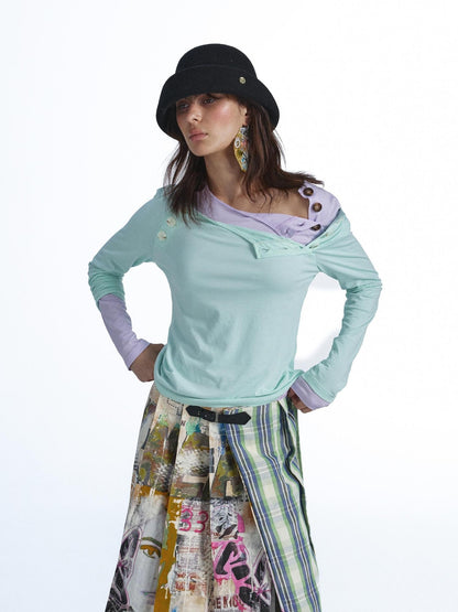 FULLTIDE Candy Color Contrast Button Layered Lyocell Women&
