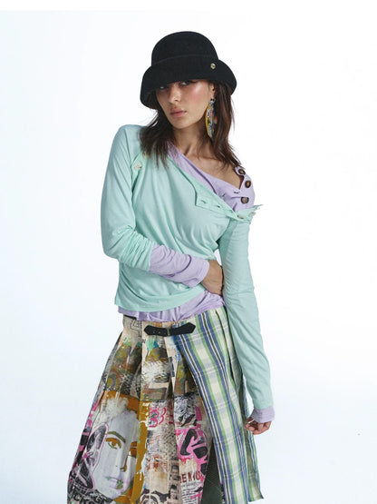 FULLTIDE Candy Color Contrast Button Layered Lyocell Women&