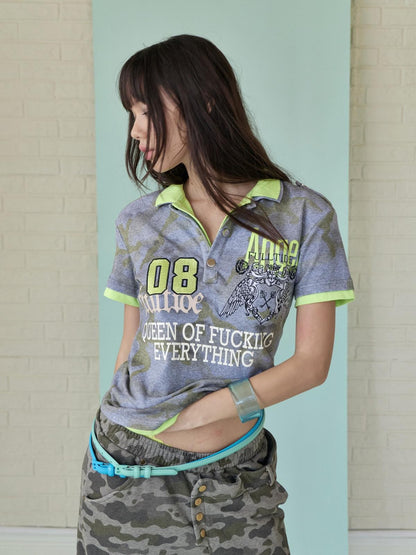FULLTIDE Candy Color Patchwork Cross Print Henley Women&