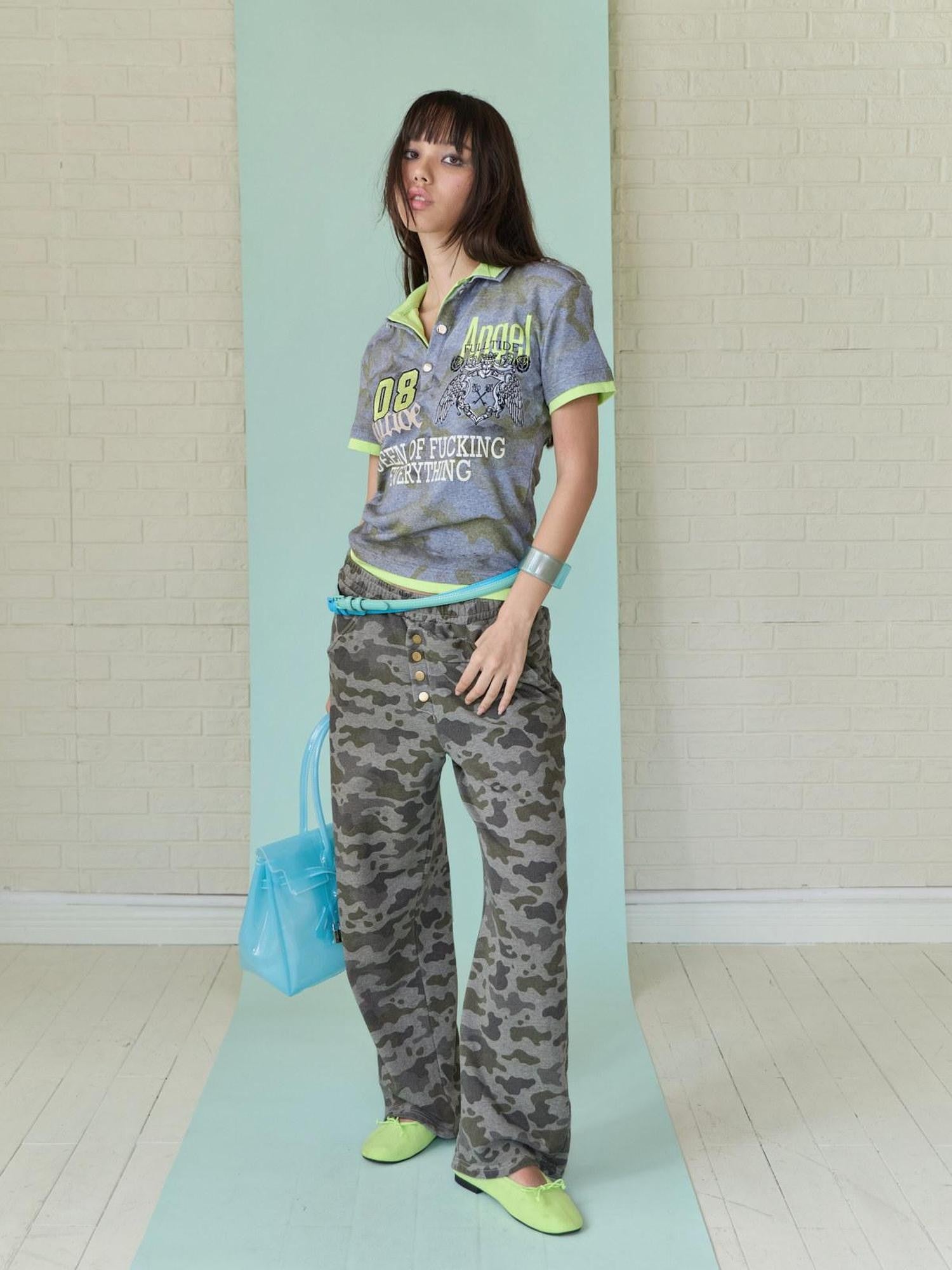 FULLTIDE Candy Color Patchwork Cross Print Henley Women&