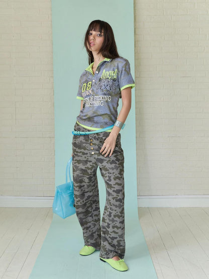 FULLTIDE Candy Color Patchwork Cross Print Henley Women&