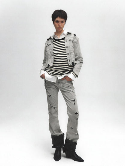 FULLTIDE Comfortable Casual Straight Leg Natural Waist Women Light Gray Classic Jeans