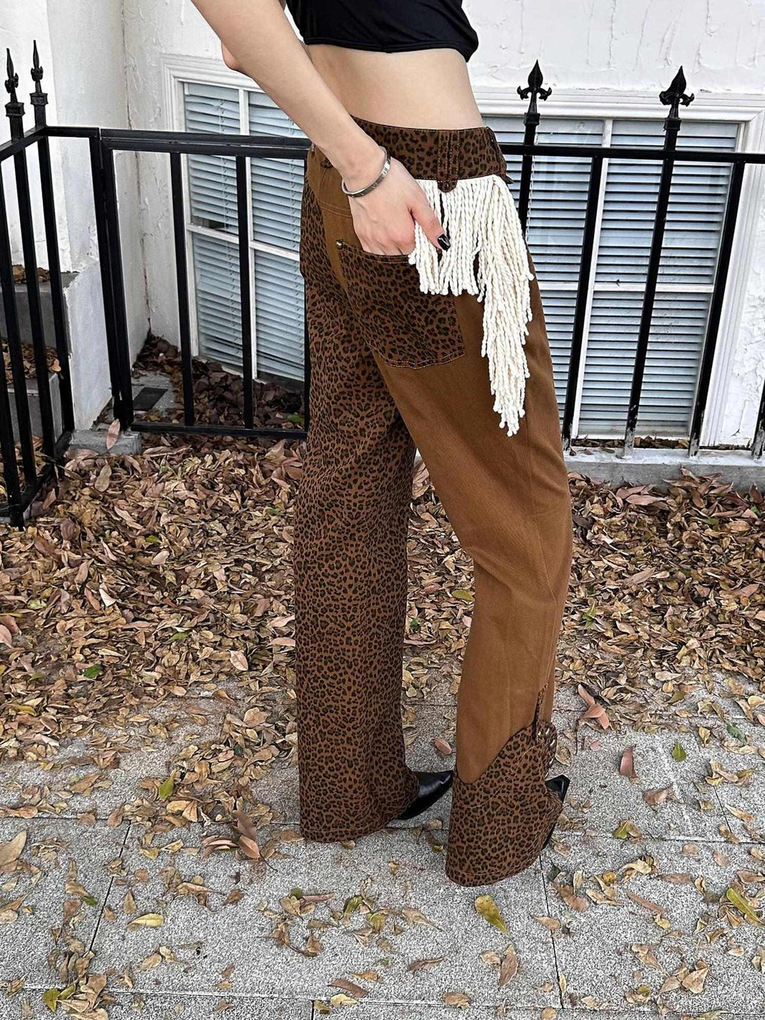 FULLTIDE Comfortable Cotton Micro Flare Office Pockets Natural Waist Women Brown Pants