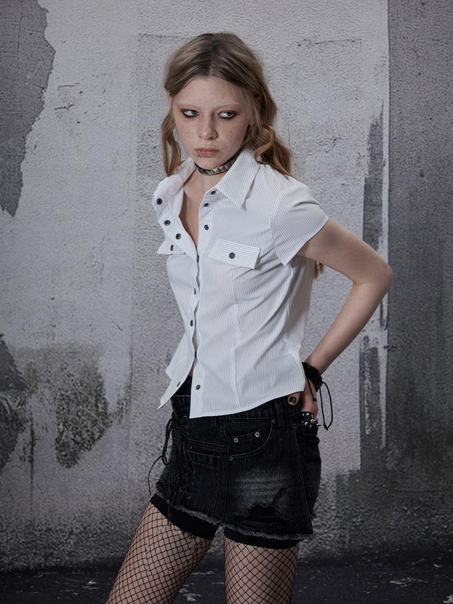 FULLTIDE Cotton Blend Slim Fit Polo Collar Button Front Short Sleeve Workwear Women Shirt