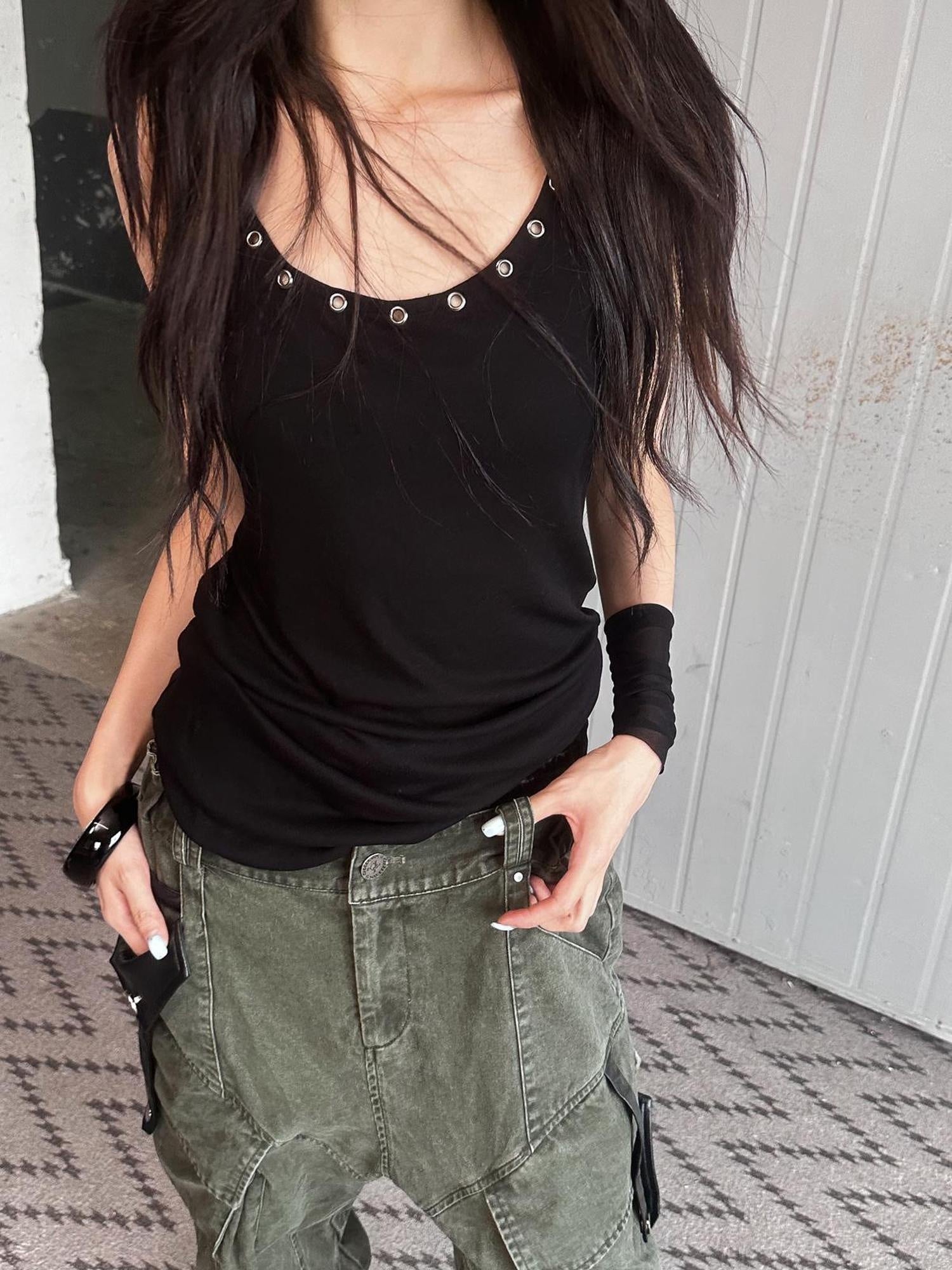 FULLTIDE Cotton Wool Blend Slim Spaghetti Strap Office Women Solid T-Shirt