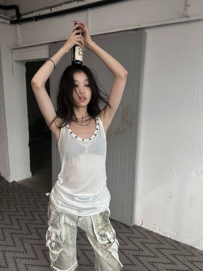 FULLTIDE Cotton Wool Blend Slim Spaghetti Strap Office Women Solid T-Shirt