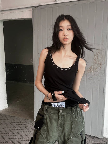 FULLTIDE Cotton Wool Blend Slim Spaghetti Strap Office Women Solid T-Shirt