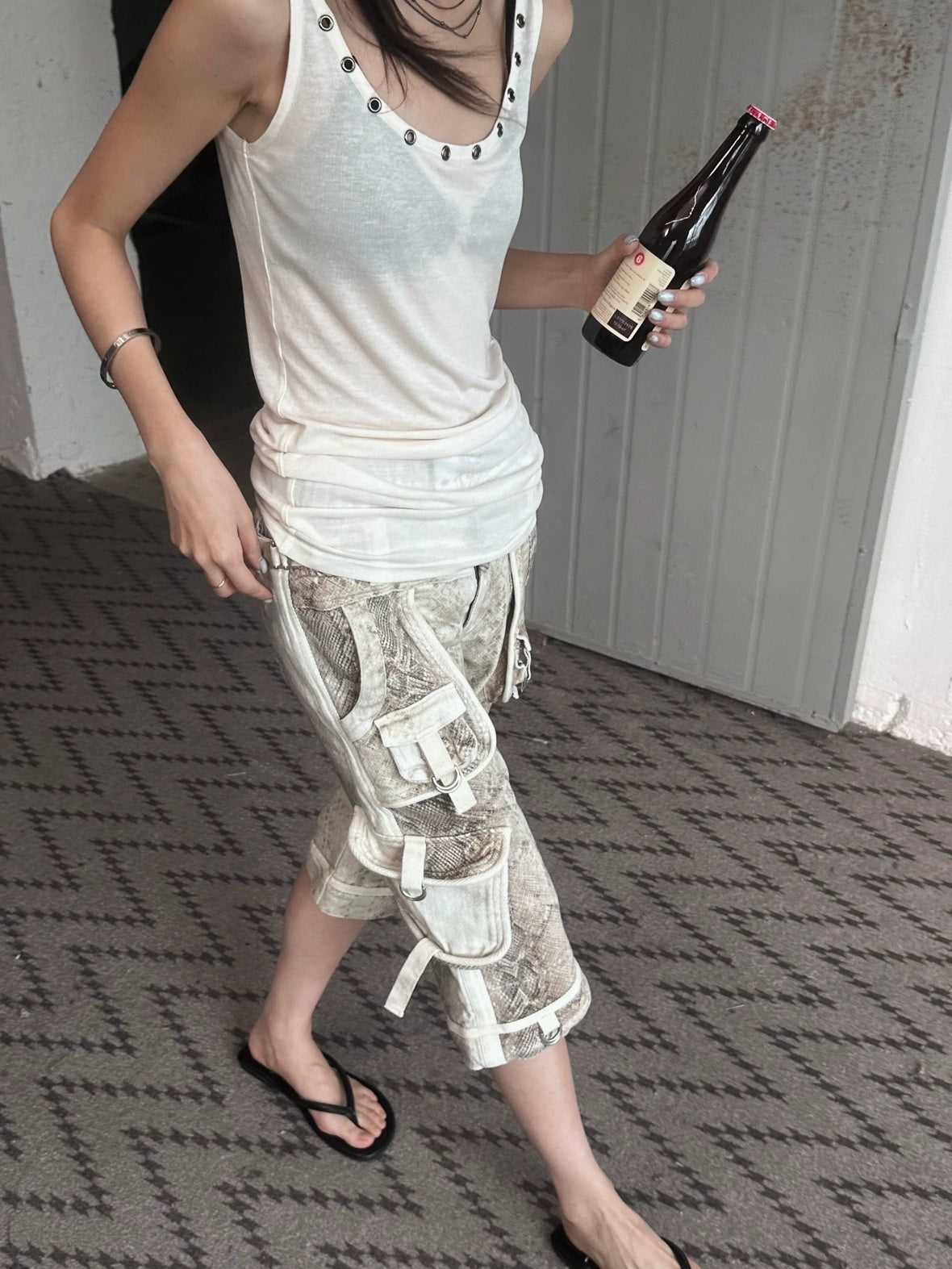 FULLTIDE Cotton Wool Blend Slim Spaghetti Strap Office Women Solid T-Shirt