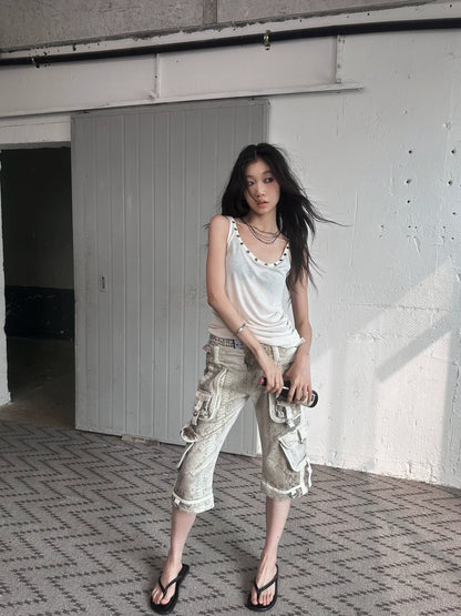 FULLTIDE Cotton Wool Blend Slim Spaghetti Strap Office Women Solid T-Shirt