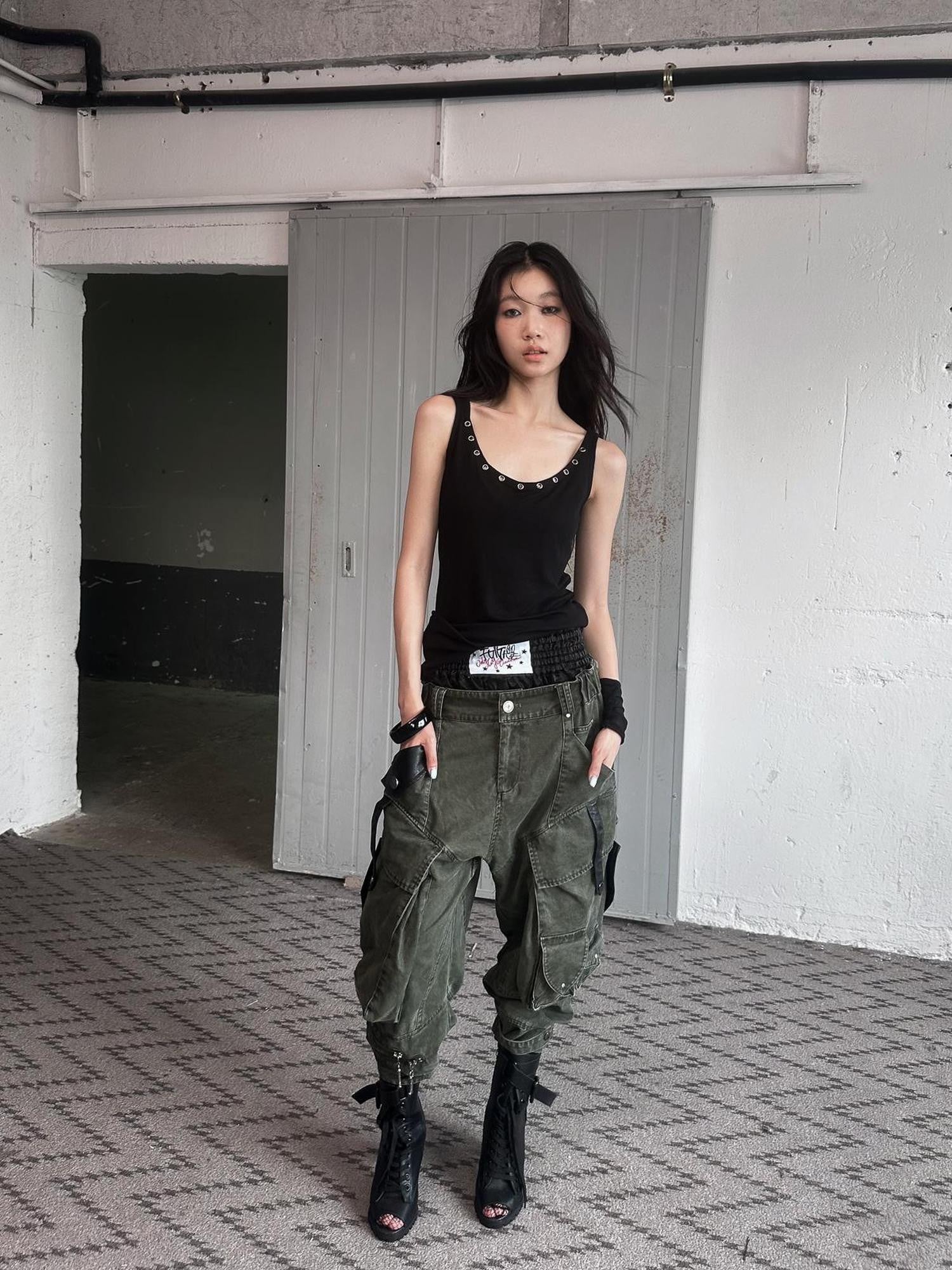 FULLTIDE Cotton Wool Blend Slim Spaghetti Strap Office Women Solid T-Shirt