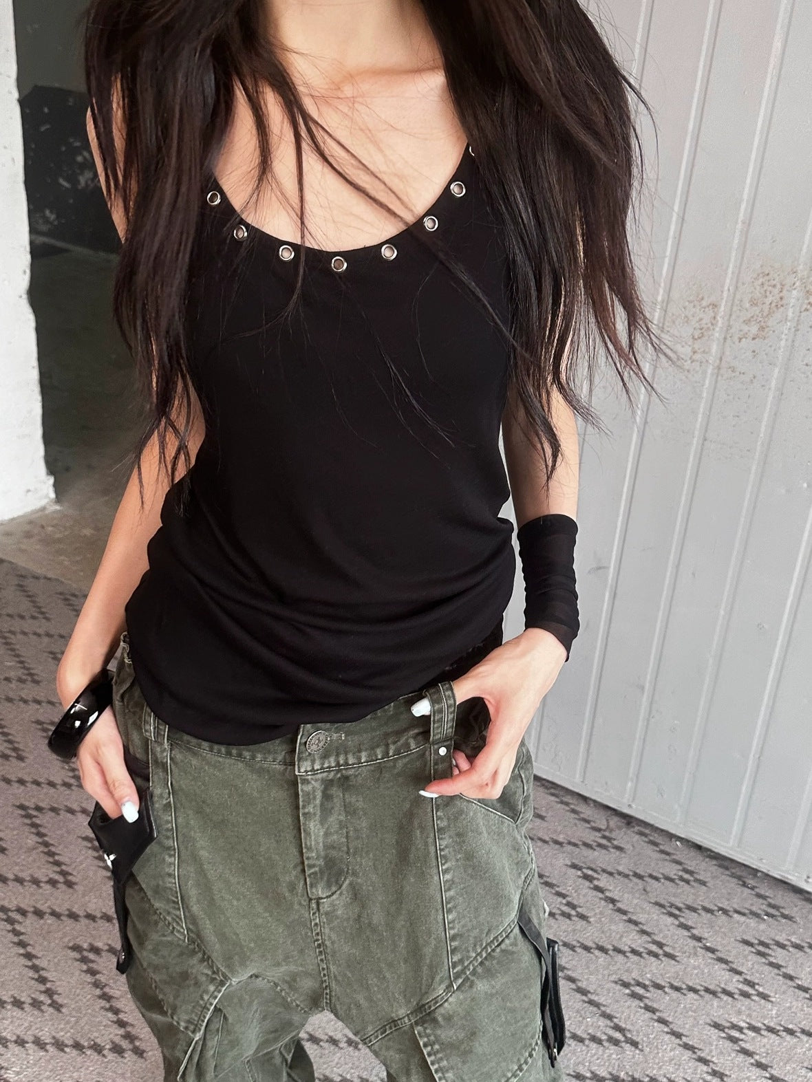 FULLTIDE Cotton Wool Blend Slim Spaghetti Strap Office Women Solid T-Shirt