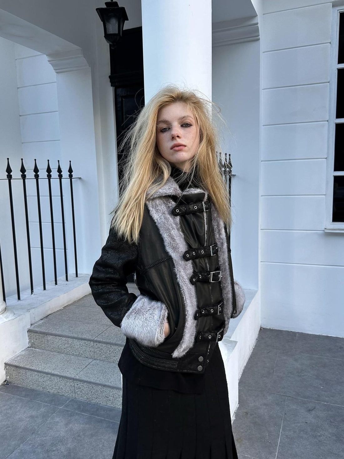 FULLTIDE Cozy Pu Faux Rabbit Fur Streetwear Lapel Straight Fit Women Silver Gray Jacket