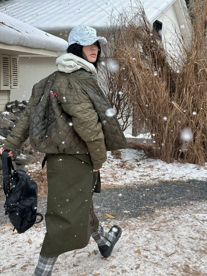 FULLTIDE Cozy Street Loose Short Zip Long Sleeve Women Army Green Puffer Jacket,Jacket