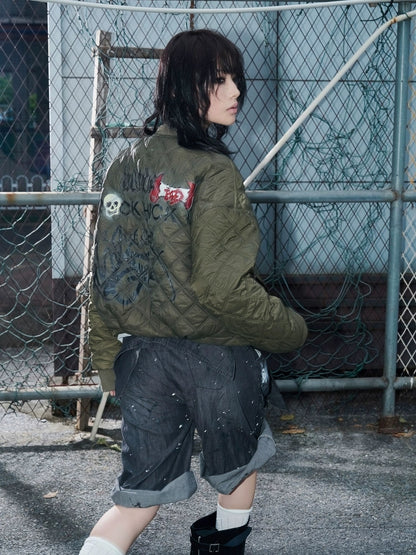 FULLTIDE Cozy Street Loose Short Zip Long Sleeve Women Army Green Puffer Jacket,Jacket