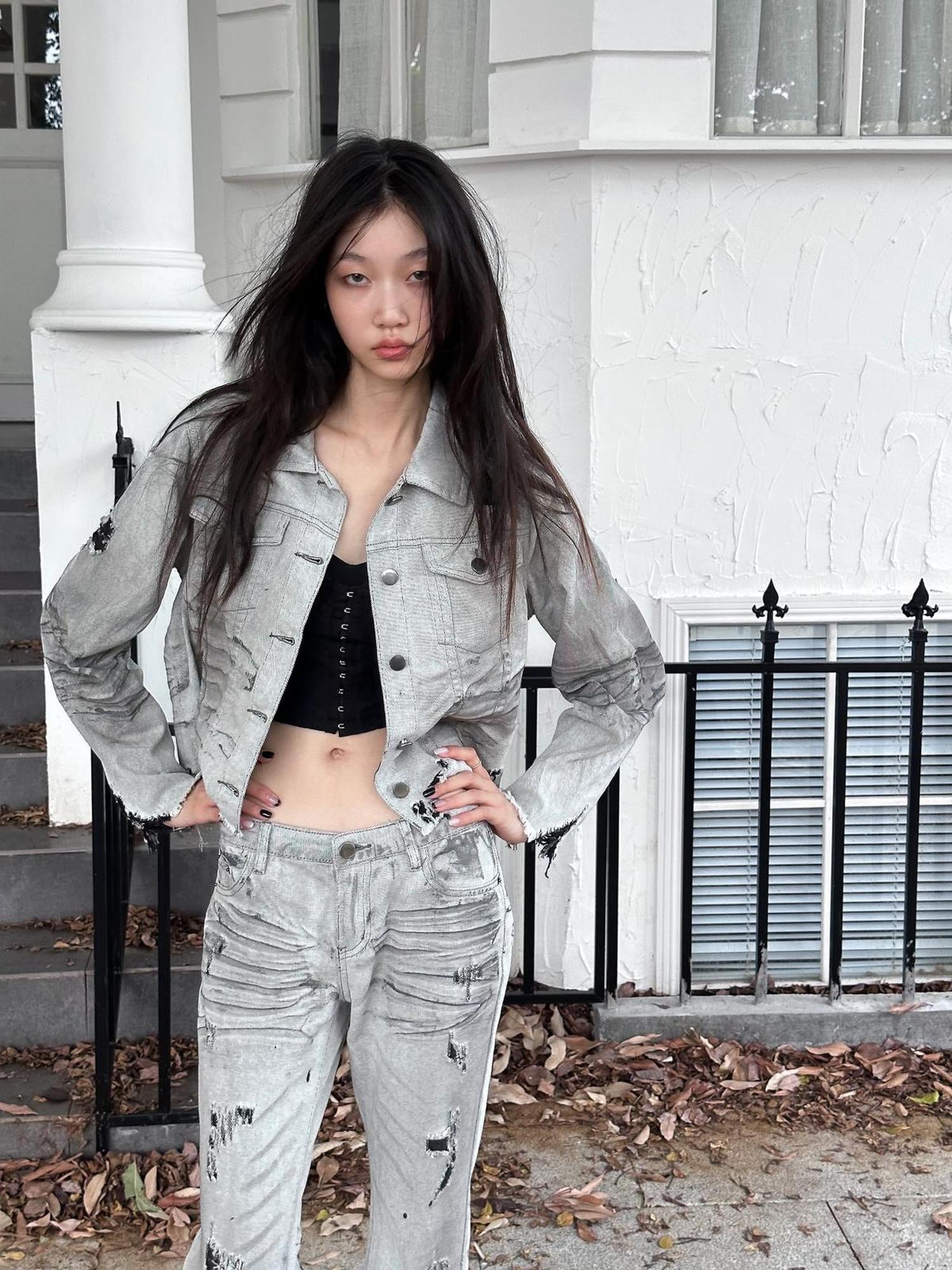 FULLTIDE Cropped High Waist Commuter Polo Collar Button Ripped Women Denim Cotton Jacket