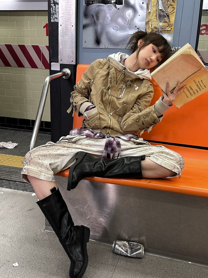 FULLTIDE Detachable Hood Cotton Denim Loose Fit Street Style Women Khaki Olive Jacket