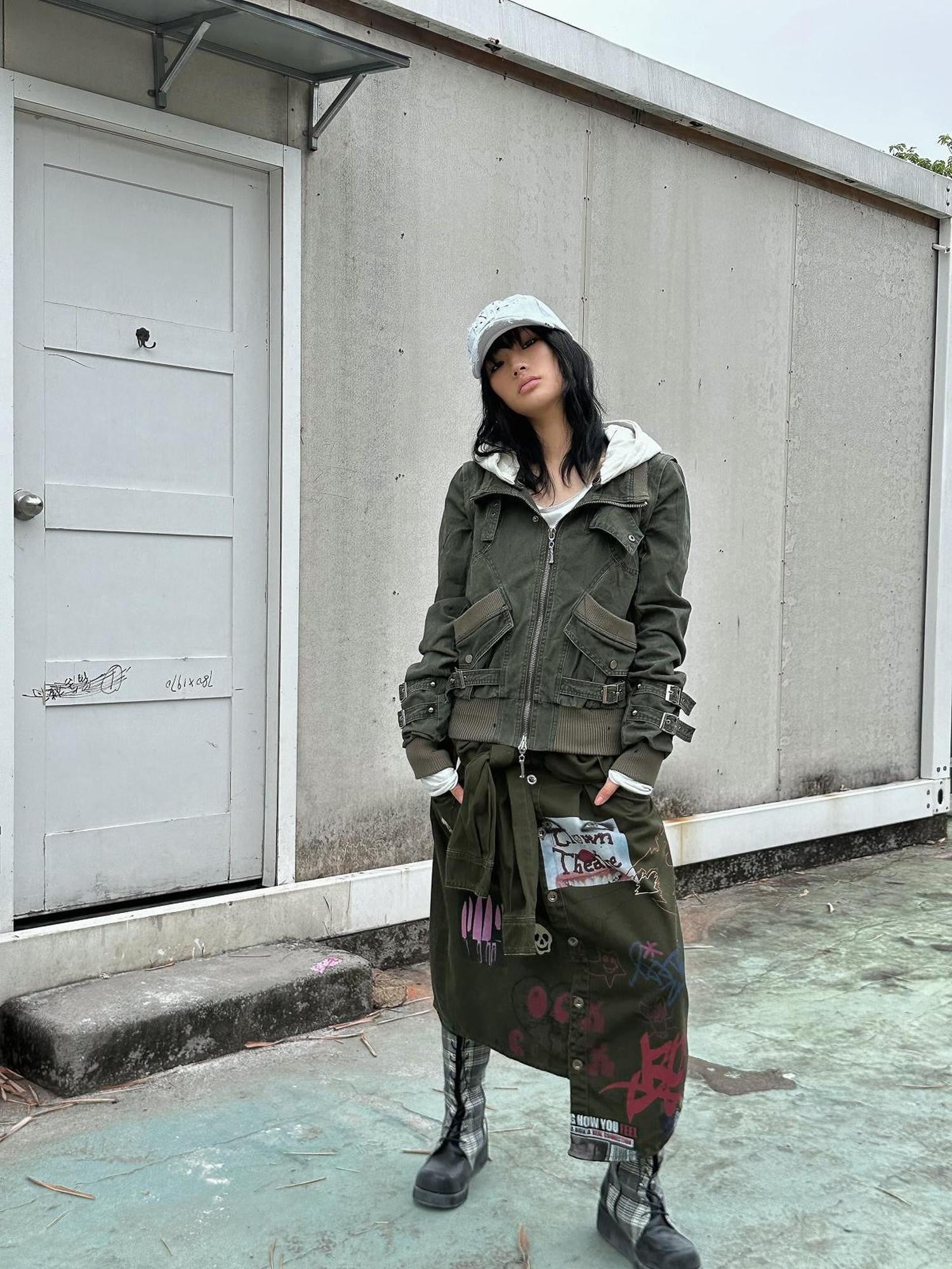 FULLTIDE Detachable Hood Cotton Denim Loose Fit Street Style Women Khaki Olive Jacket