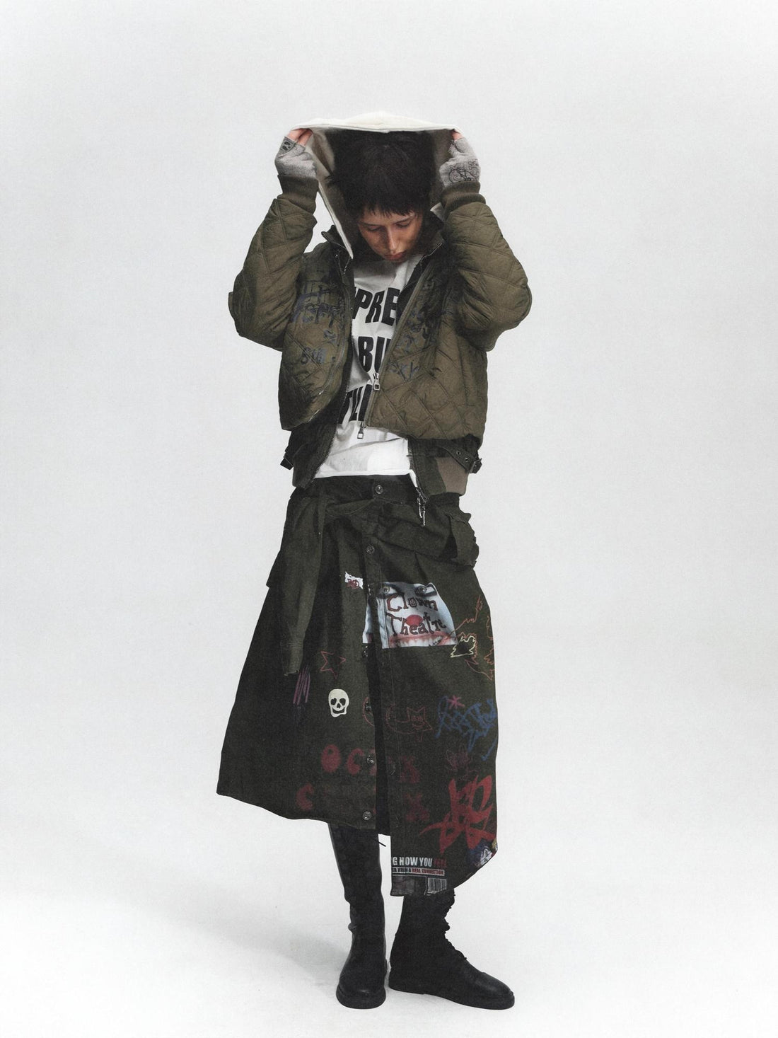 FULLTIDE Distressed Cotton Mid Waist Straight Street Style Deep Green Solid Midi Skirt