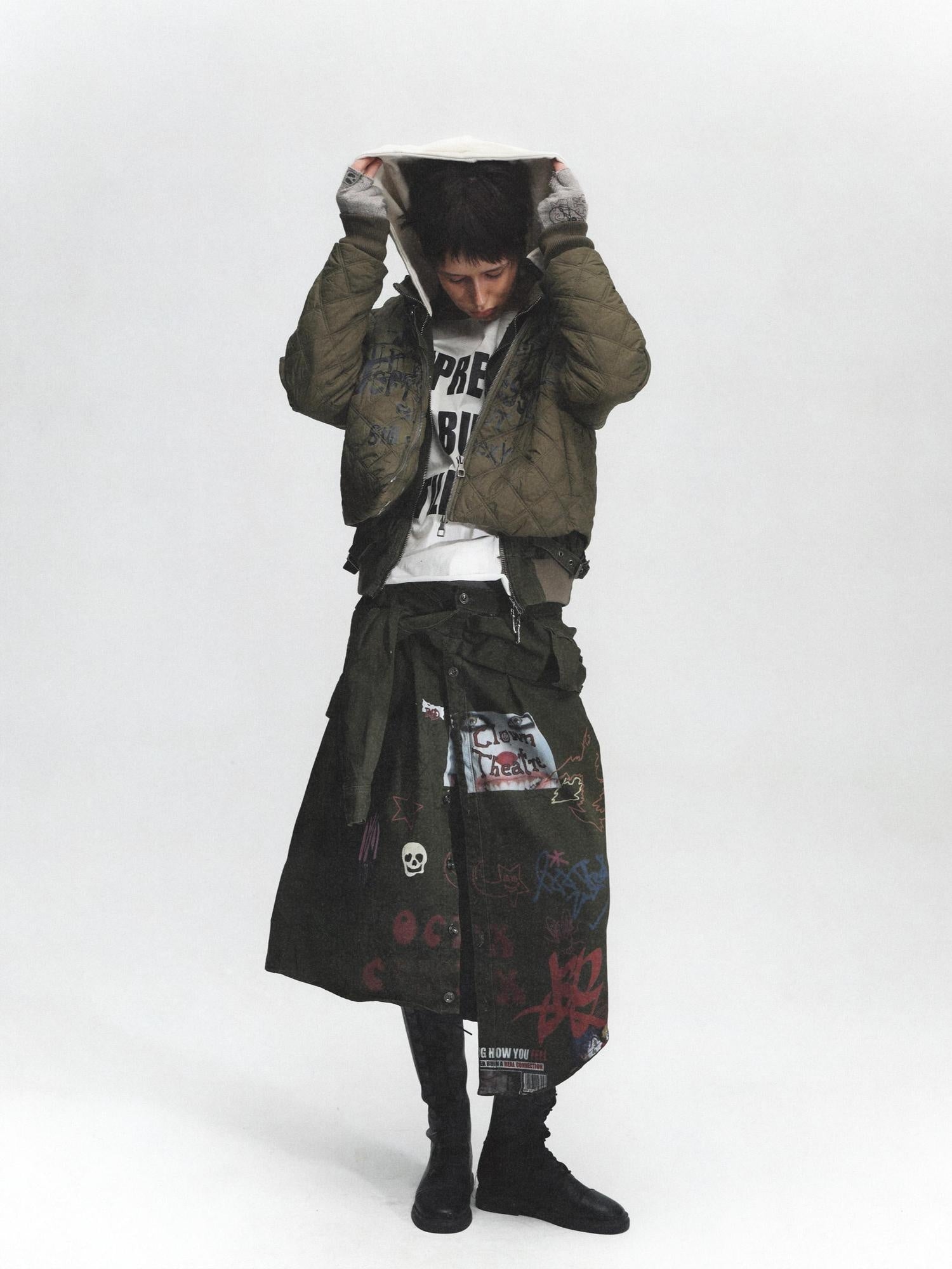 FULLTIDE Distressed Cotton Mid Waist Straight Street Style Deep Green Solid Midi Skirt