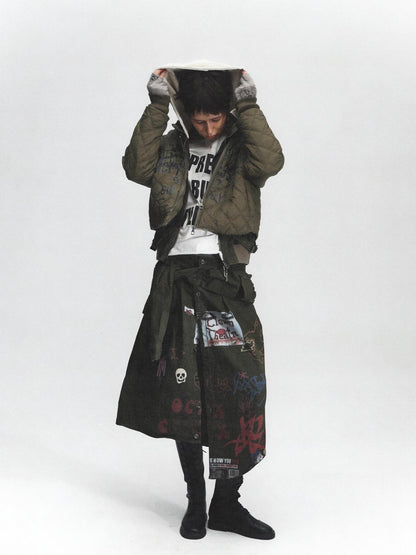 FULLTIDE Distressed Cotton Mid Waist Straight Street Style Deep Green Solid Midi Skirt