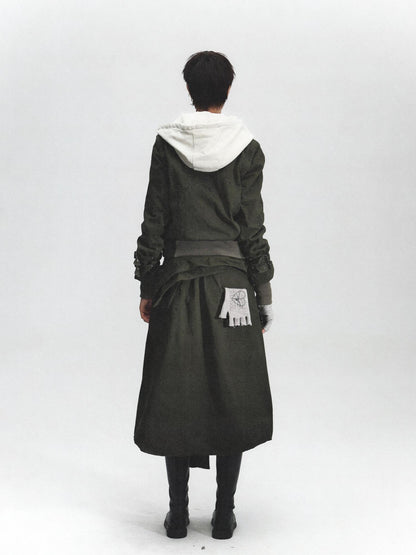 FULLTIDE Distressed Cotton Mid Waist Straight Street Style Deep Green Solid Midi Skirt