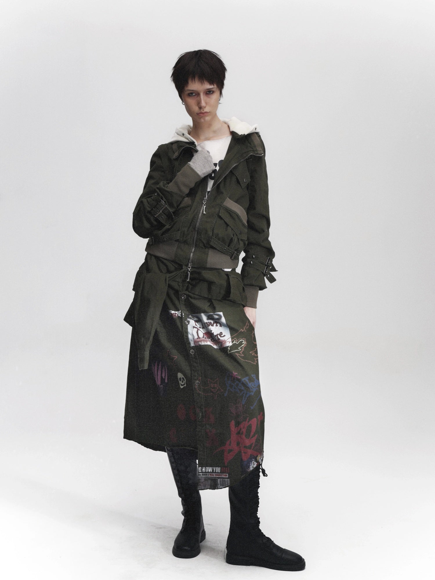 FULLTIDE Distressed Cotton Mid Waist Straight Street Style Deep Green Solid Midi Skirt