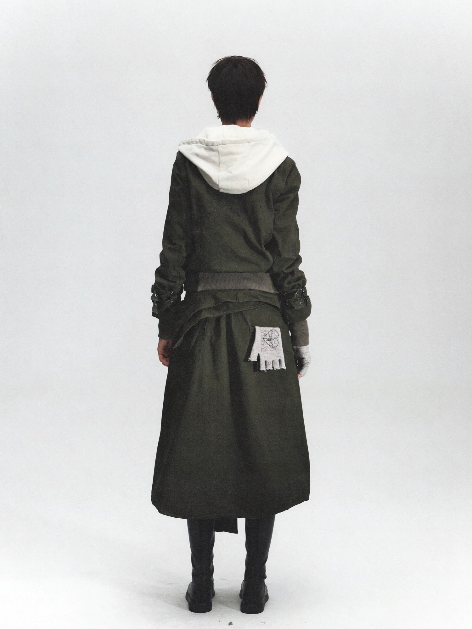 FULLTIDE Distressed Cotton Mid Waist Straight Street Style Deep Green Solid Midi Skirt