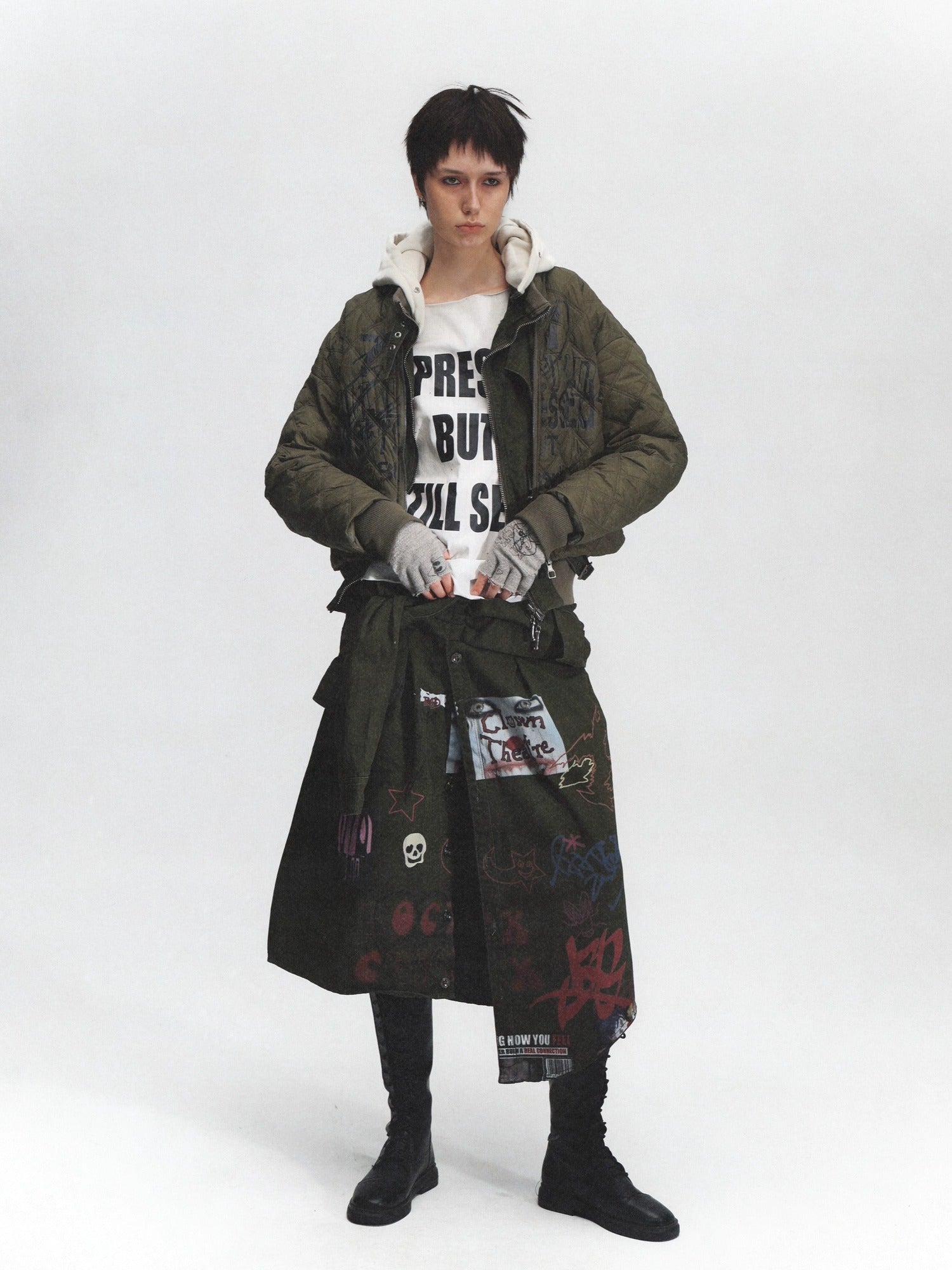 FULLTIDE Distressed Cotton Mid Waist Straight Street Style Deep Green Solid Midi Skirt